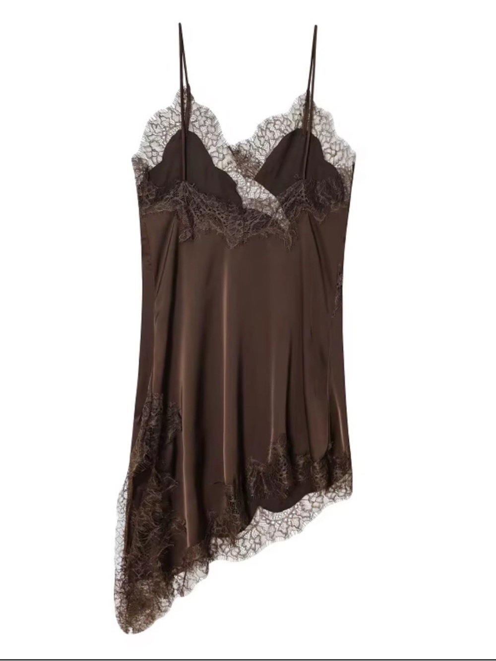 NWT - Lace Silk Slip Dress Brown - Mini Dress - Y2K-Bohemian Zara Like - Small - Picture 6 of 8
